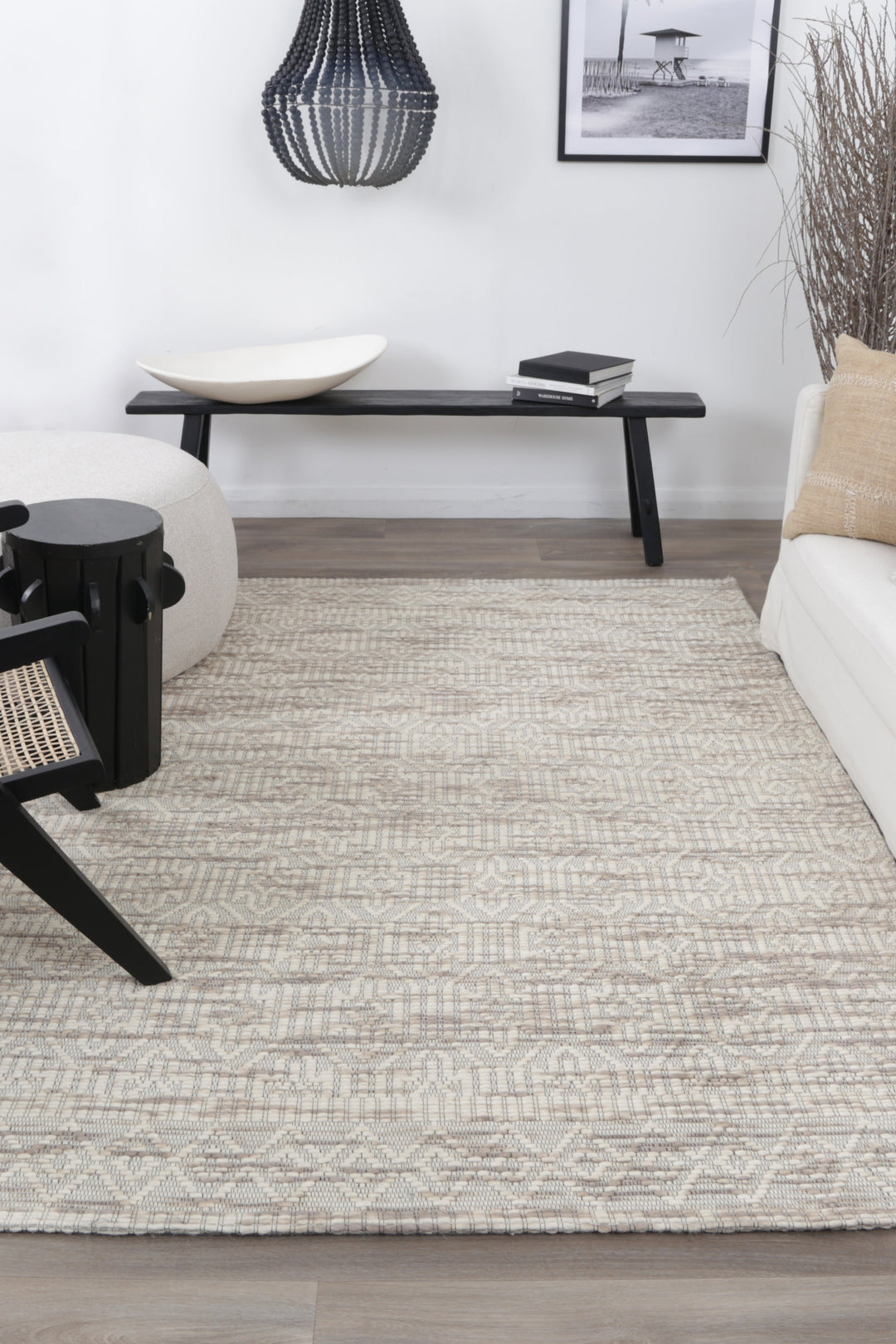 Avoca Geometric Beige Wool Rug