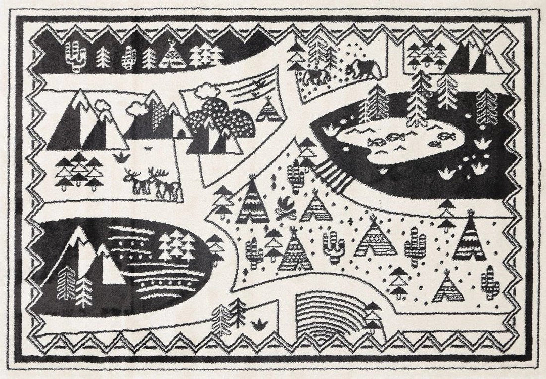 Poca Camping Adventures Black and White Kid Rug