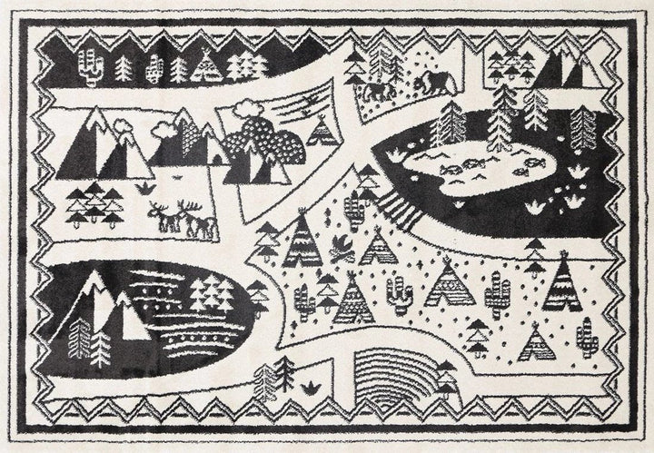 Poca Camping Adventures Black and White Kid Rug