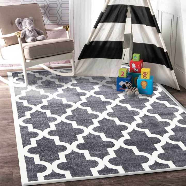 Poca Lattice Grey and White Kids Rug