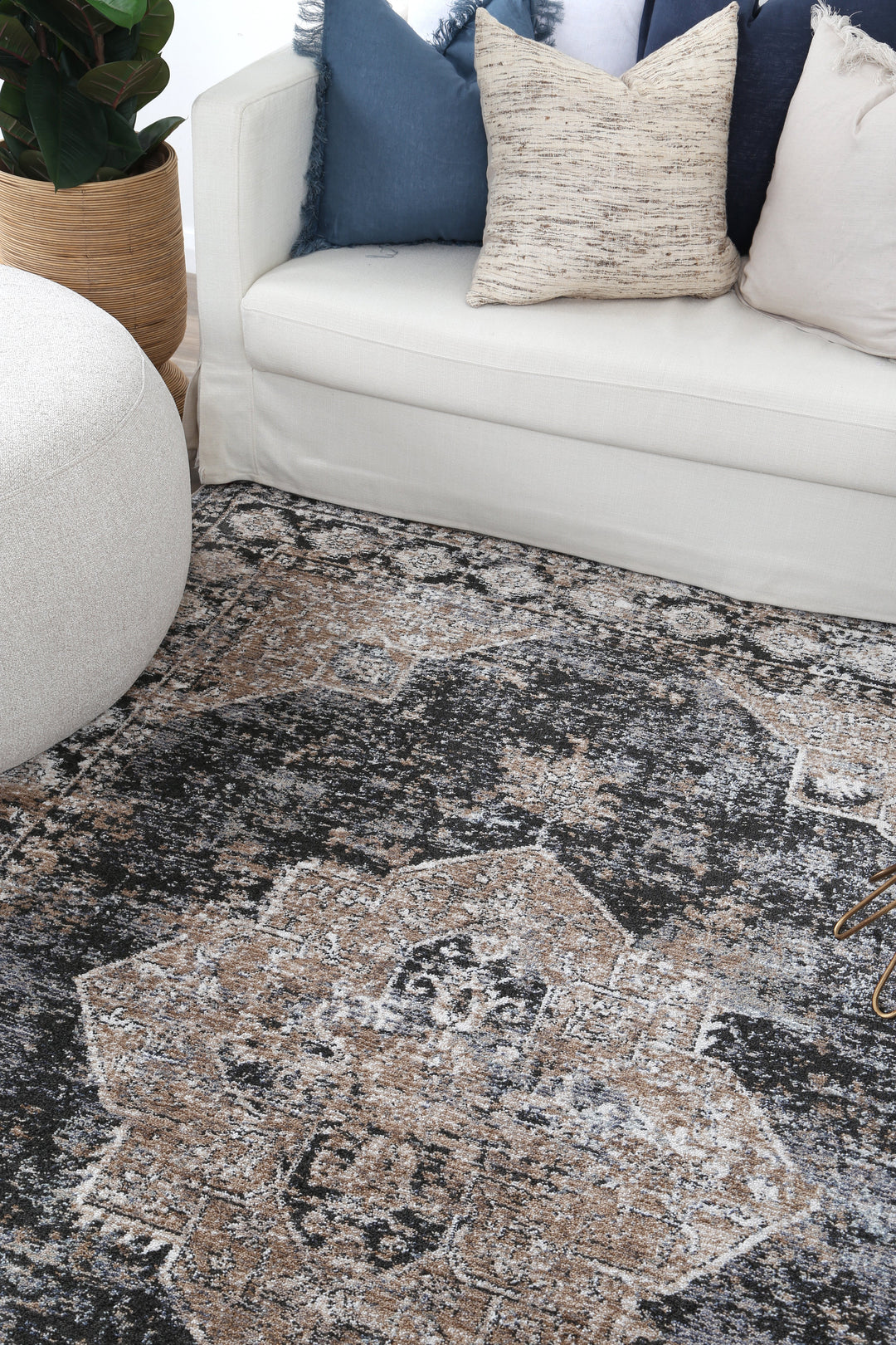 Chobi Vintage Lakeland Charcoal Beige  Rug