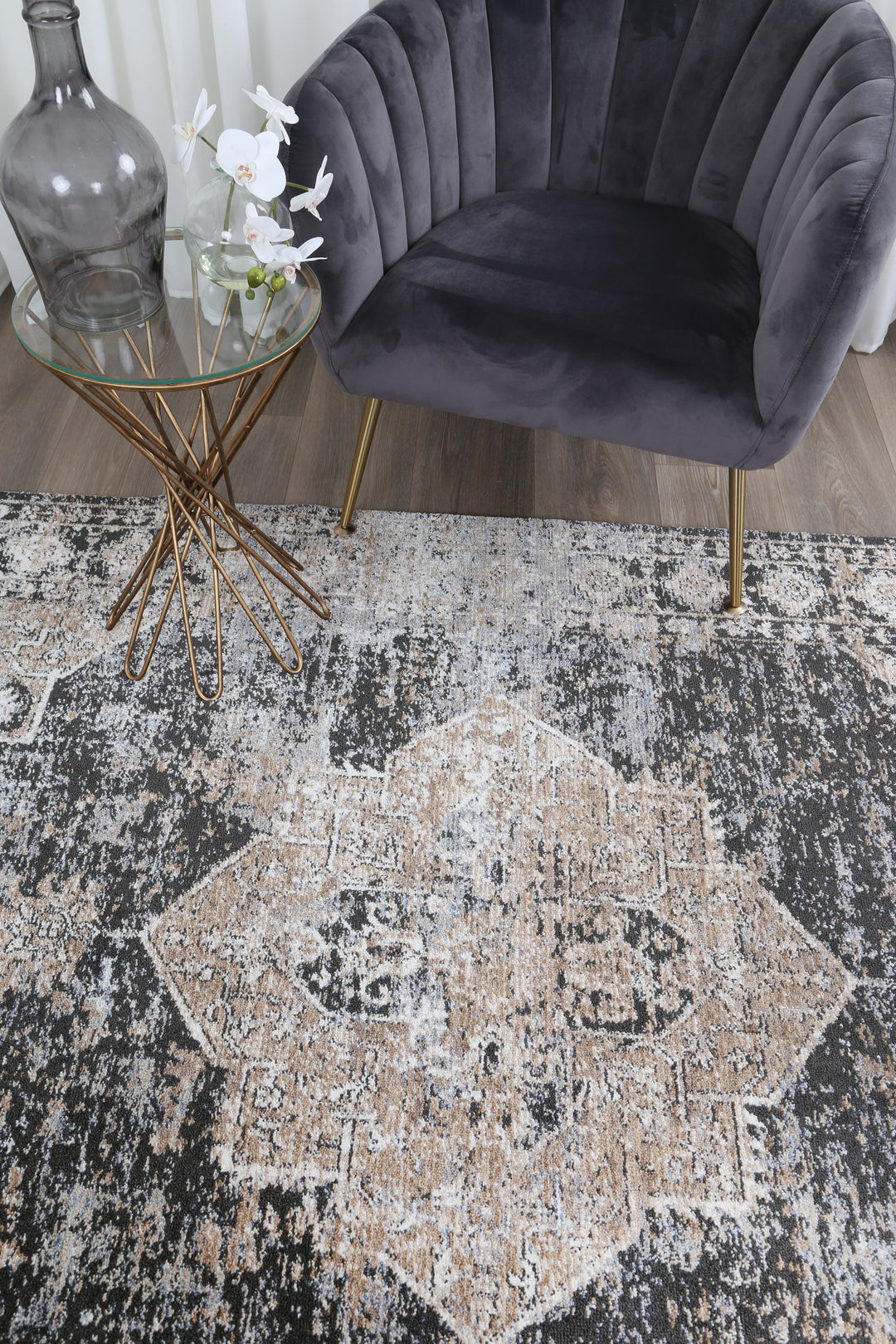 Chobi Vintage Lakeland Charcoal Beige  Rug