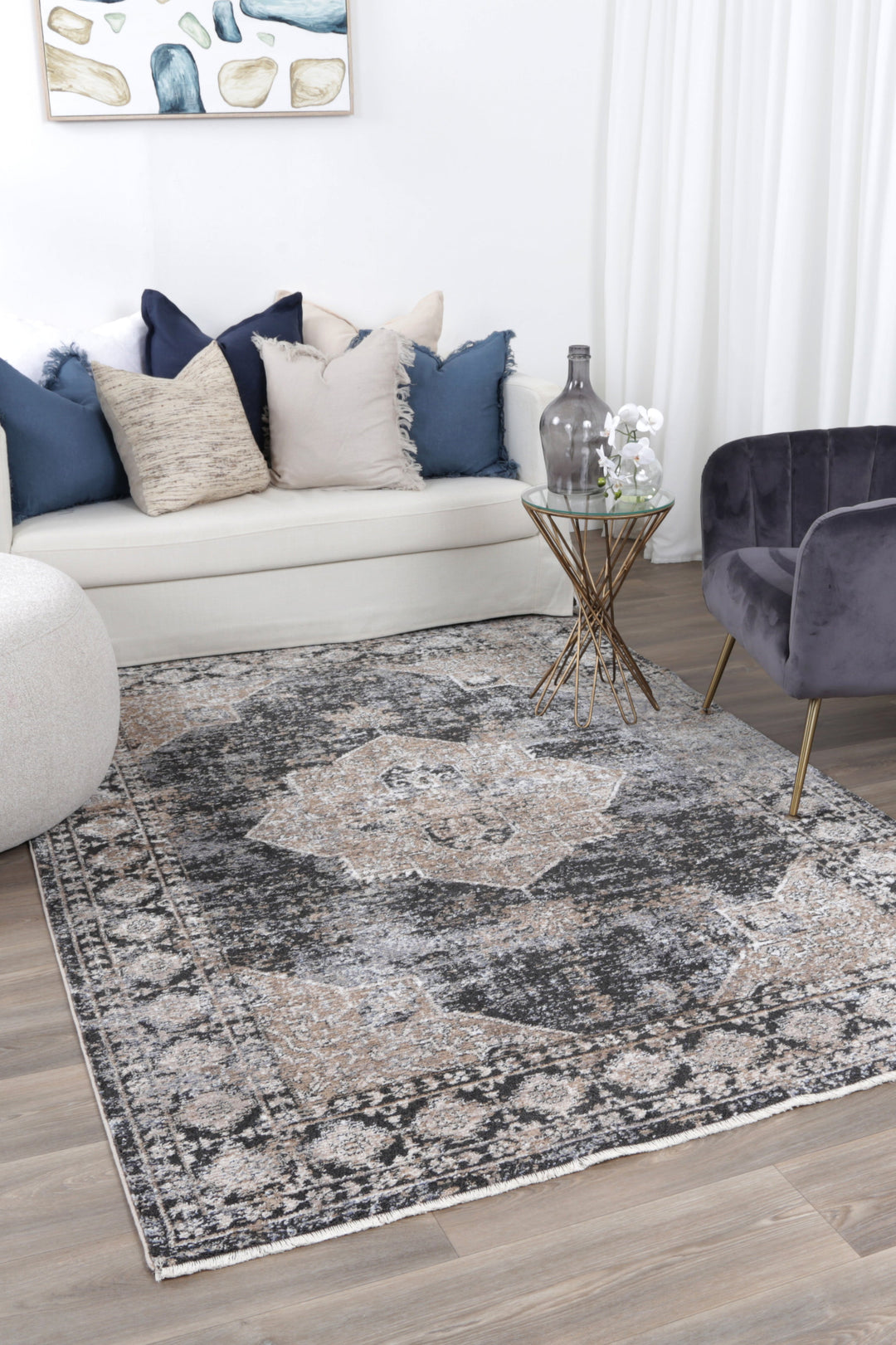 Chobi Vintage Lakeland Charcoal Beige  Rug