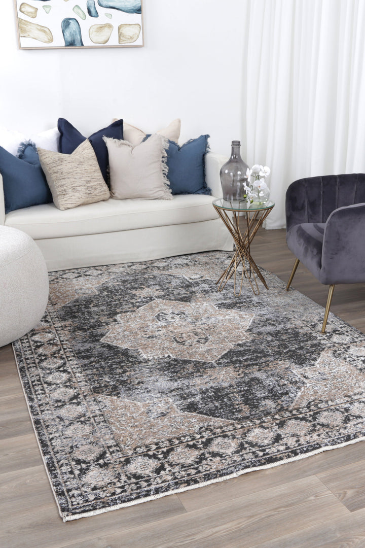 Chobi Vintage Lakeland Charcoal Beige  Rug